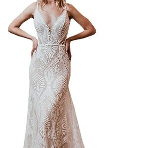 Boho Spaghetti Strap Lace Wedding Dress champagne/ivory - Beach wedding